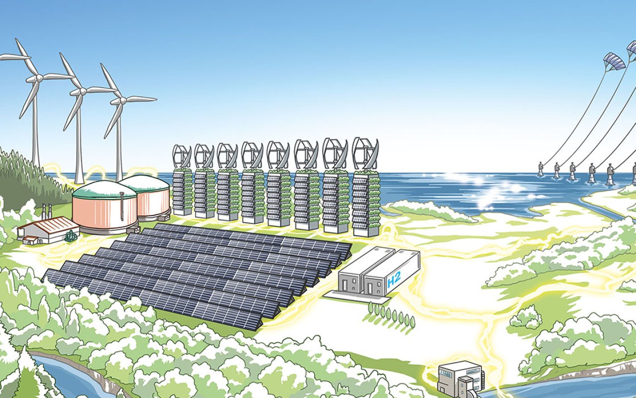 Illustration einer nachhaltigen Energieanlage mit Windkraftanlagen, vertikalen Windturbinen, Solarpanelen, Wasserstoffspeicher und Kitesurfern auf dem Meer.