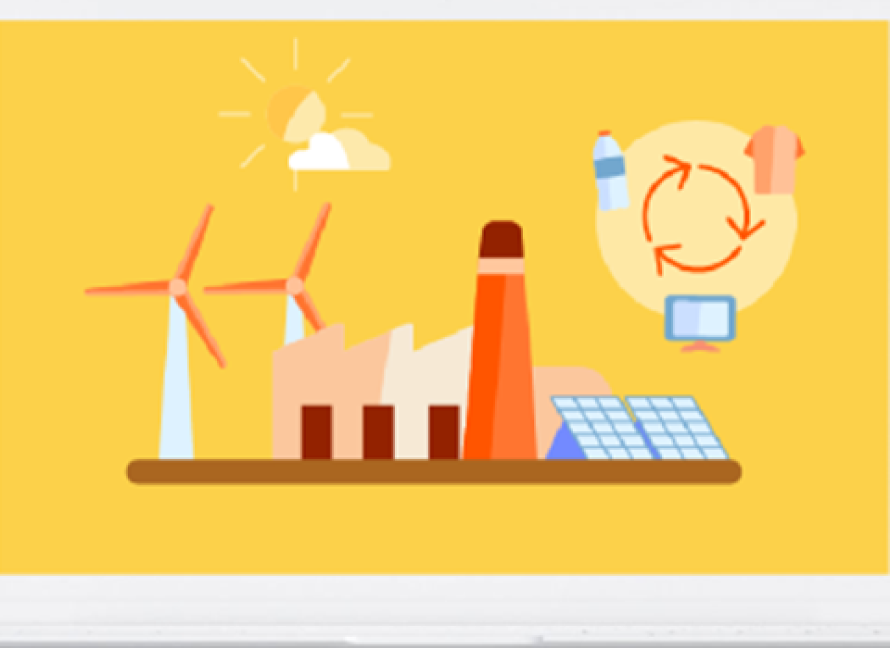 Illustration von Windrädern, Fabrik, Solarpanelen und einem Recycling-Symbol mit Kleidung, Flasche und Tablet auf gelbem Hintergrund.